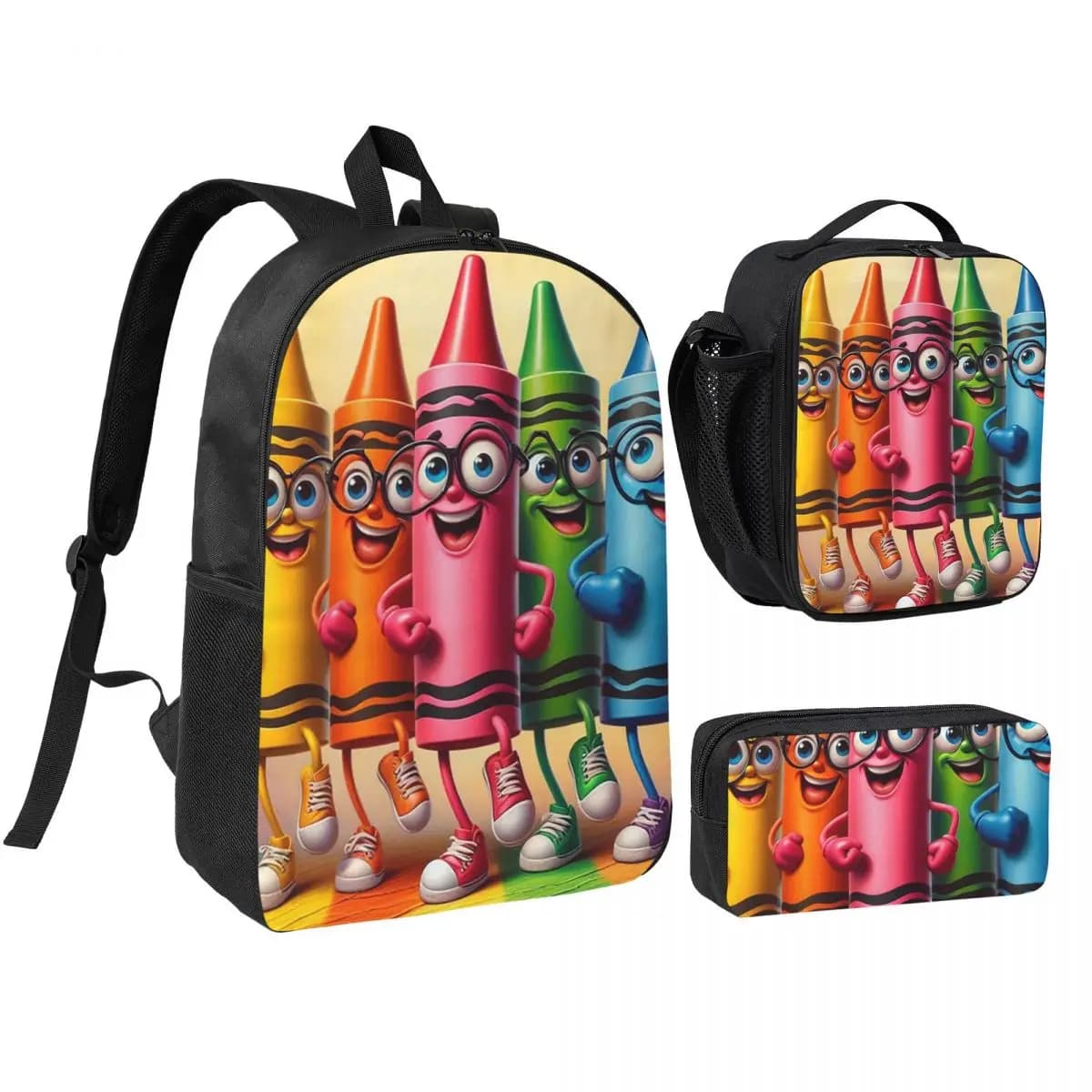 Cartoon Colorful Crayon Character Print Backpack Boys Girls BookBag School Bag Shoulder Bags 3ps Insulated Lunch Bag Pencil Case