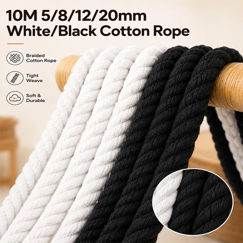5-20mm White/Black Cotton Cord 5/8M 3 Shares Twisted Sewing Rope for Bag Strap Home Decor Braid Cords DIY Macrame Accessories