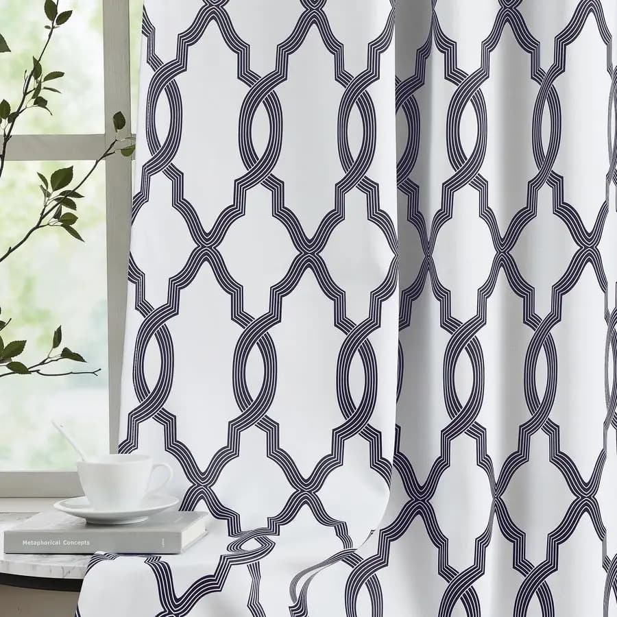 Dark Curtains 100% 213 cm Bedroom Length, Geometric Pattern Moroccan Black and Grey on White for Living