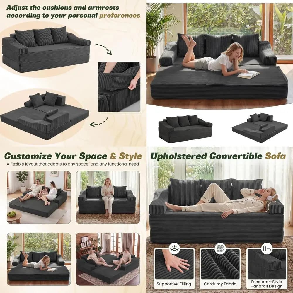 Convertible Sofa Bed with Pillows, 3-Seat Pull-Out Couch, Floor Mattress Loveseat, Grey