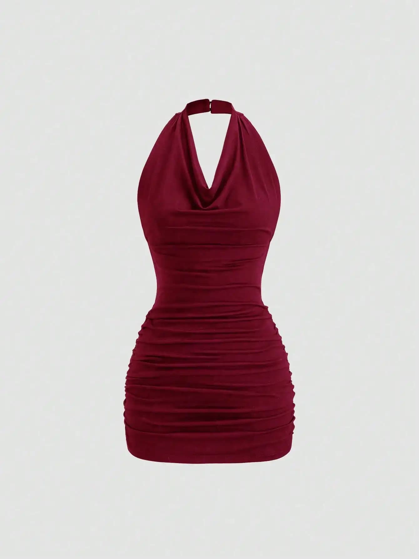 Mini abito aderente bordeaux con scollo all'americana e arricciature, senza maniche