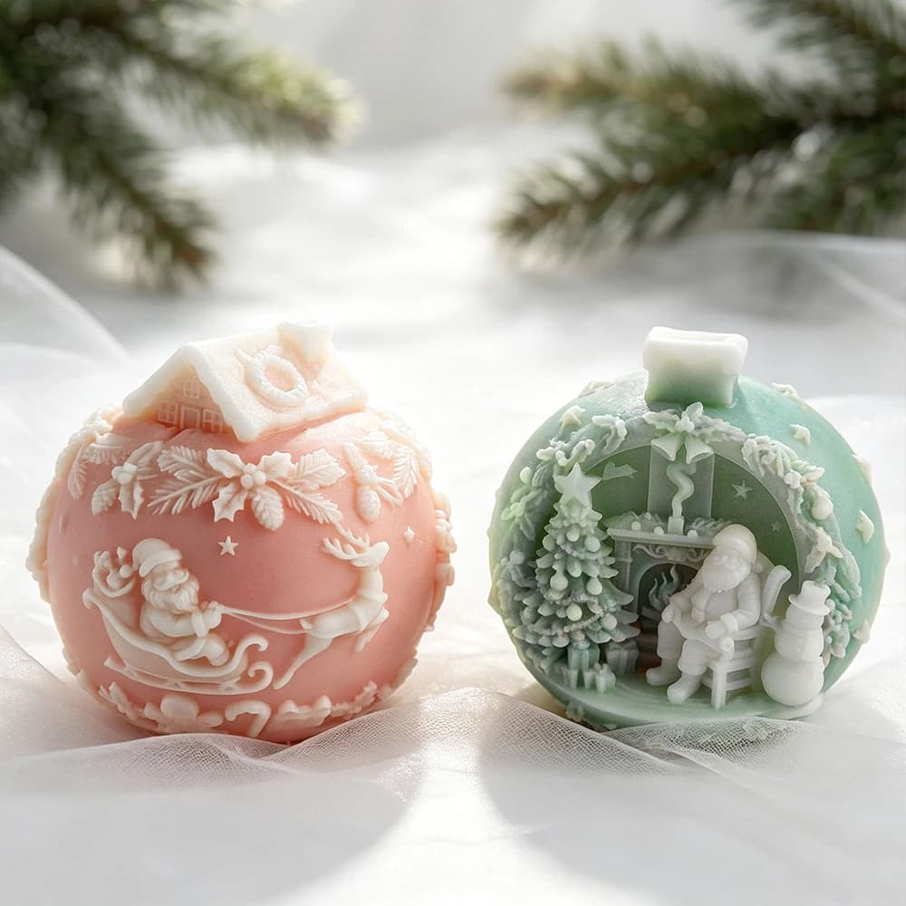 Christmas Snow Globe Scented Candle Silicone Mold Christmas Decoration Round Ball Shape Molds 3D Santa Claus Sleigh Relief Mould