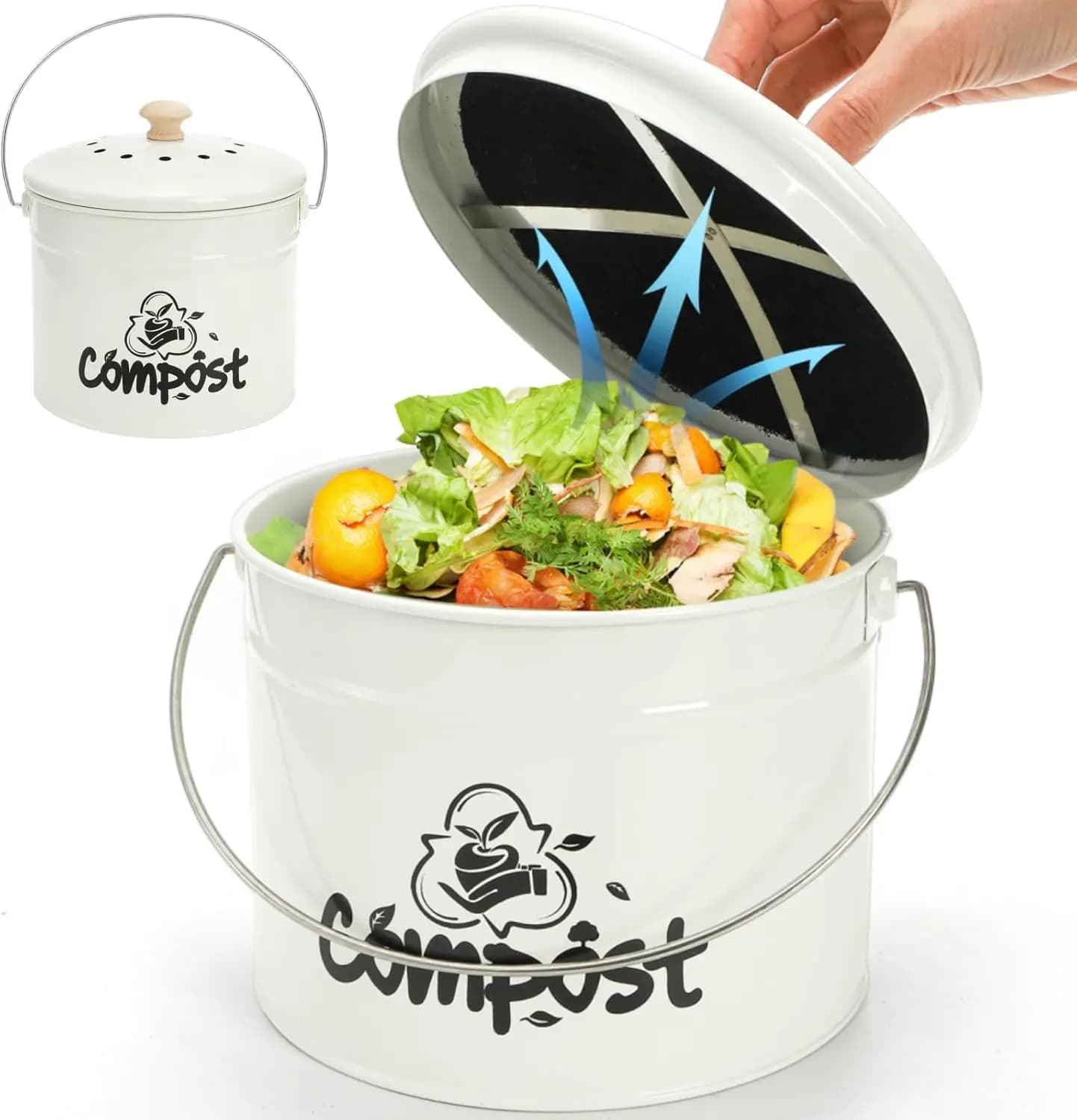 Contenitore per Compostaggio da Cucina da 1 Gallone, Inodore, con Coperchio con Filtro a Carbone, Secchio per Rifiuti Alimentari con Manico, in Ferro Bianco