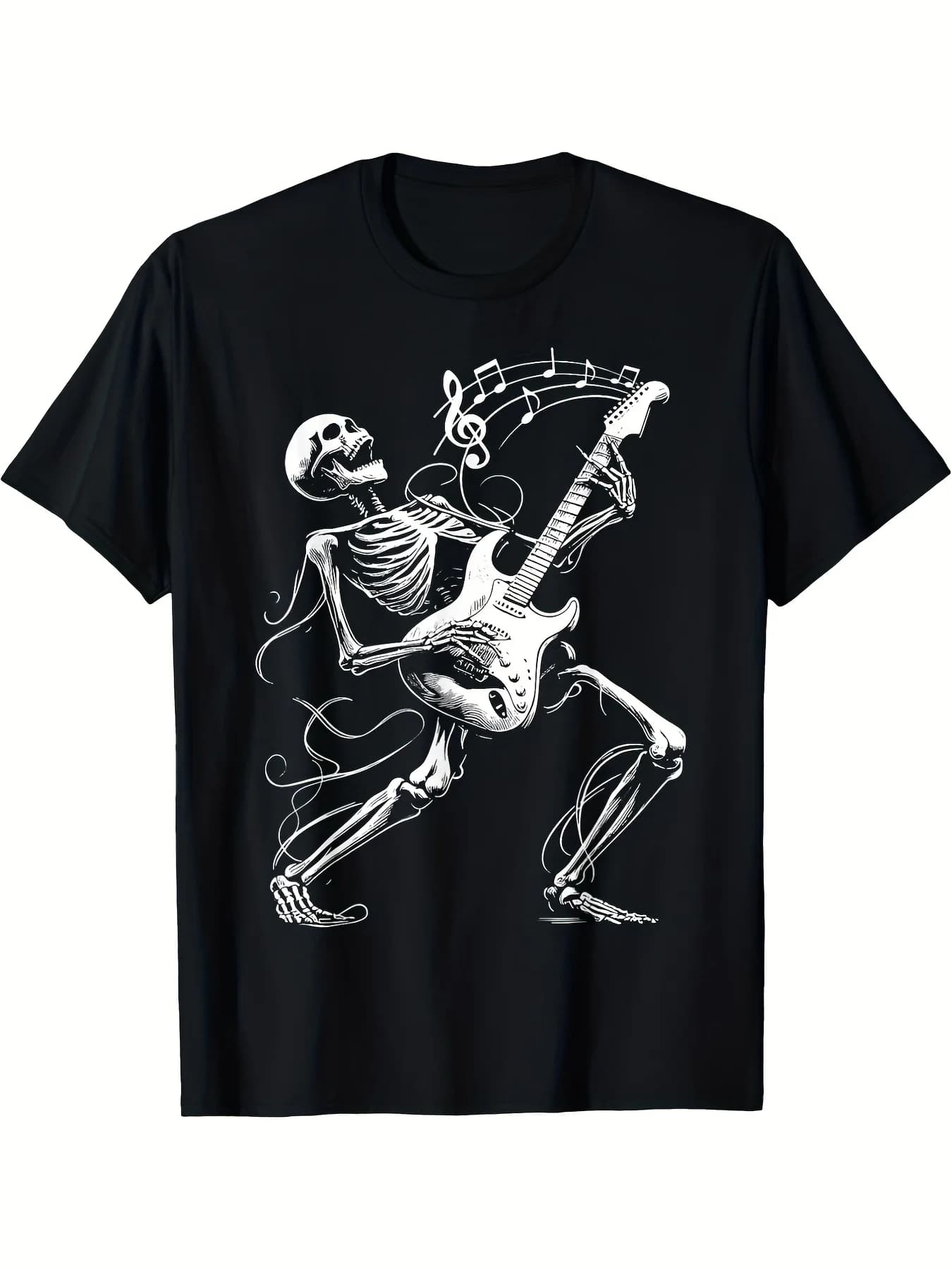T-shirt da uomo con motivo chitarrista di una band rock, T-shirt musicale in bianco e nero, design con chitarra elettrica e performance sul palco
