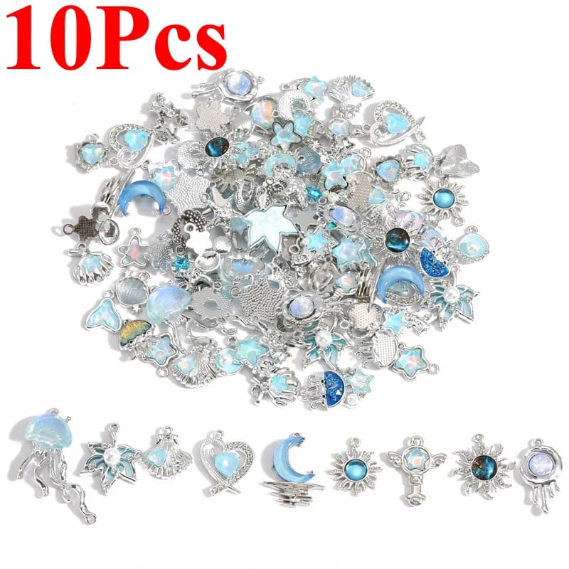 10Pcs Silver-plated Alloy Crystal Star Moon Sun Charms Pendant Fashion Necklace Earrings DIY Handmade Jewelry Making
