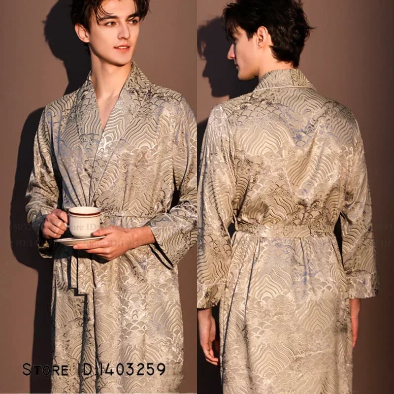 Kimono da Uomo in Seta Ghiaccio Stile Francese Jacquard, Vestaglia Primaverile Estiva, Abbigliamento da Notte e da Casa Casual e Comodo
