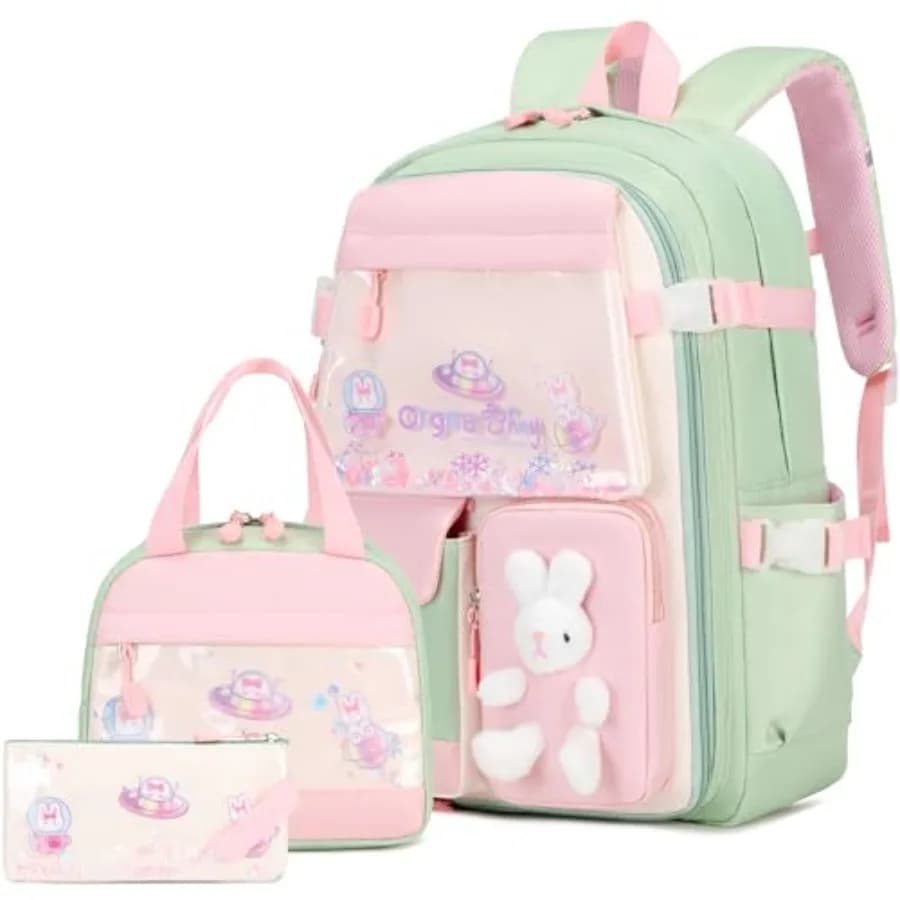 Set di Zaini per Ragazze 3 Pezzi, Zaino Scolastico Kawaii con Coniglietto per Bambine, Asilo, Scuola Elementare e Prescolare