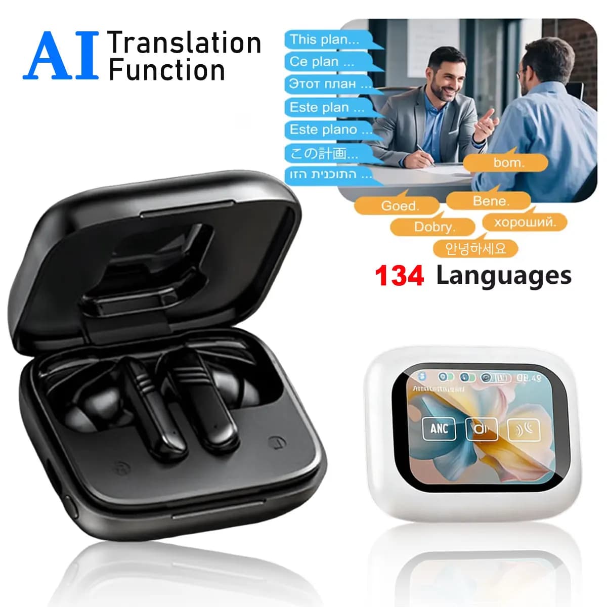 Cuffie Traduttore in Tempo Reale con Schermo Touch, Traduzione in 134 Lingue, Auricolari Bluetooth 5.4 con Cancellazione del Rumore