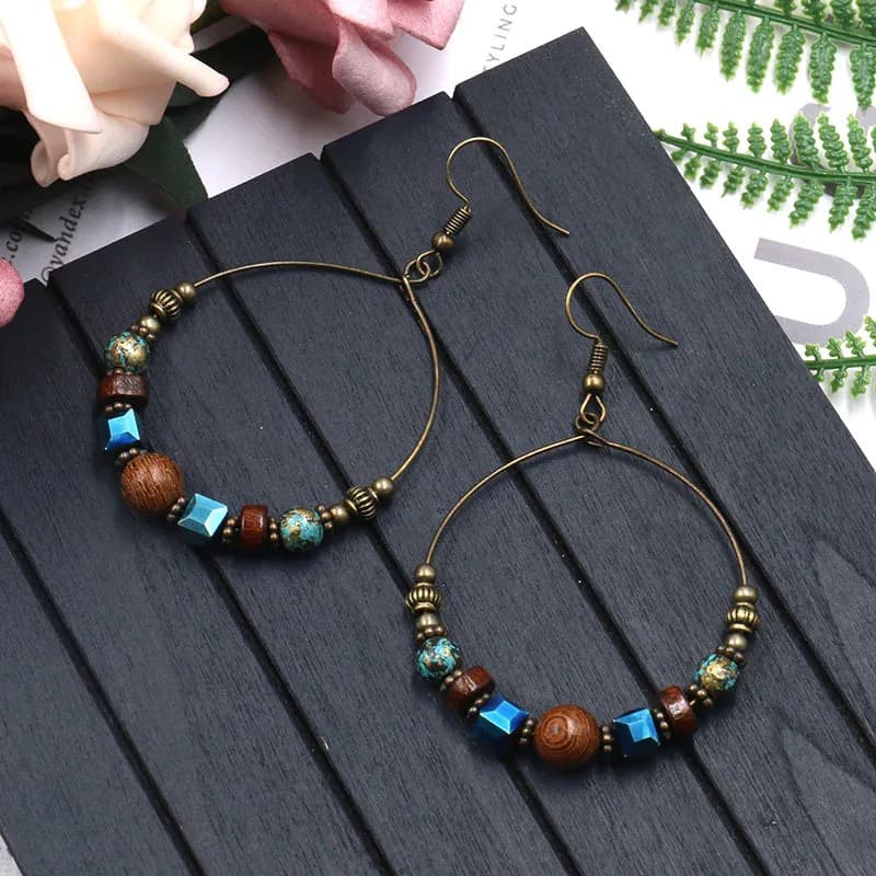 orecchini etnici in metallo a cerchio grande con vento etnico, orecchini rotondi alla moda europea e americana da donna, perline di legno creative turq