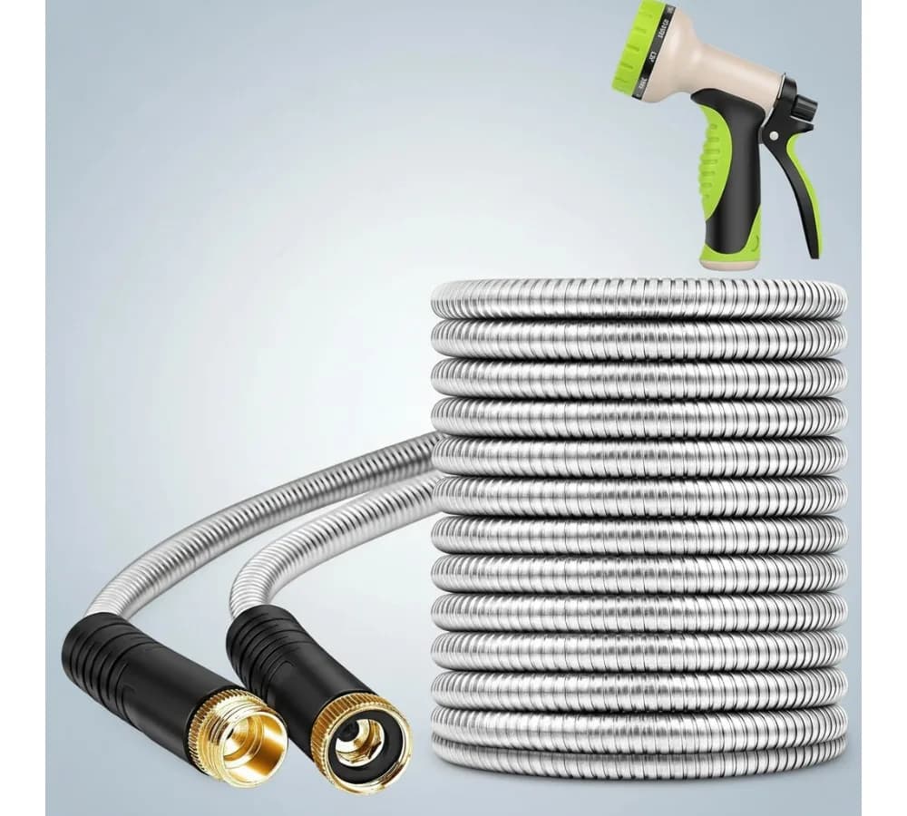 50-foot stainless steel garden pipe with 10 functions nozzle, water resistant hose for outdoor use in garden