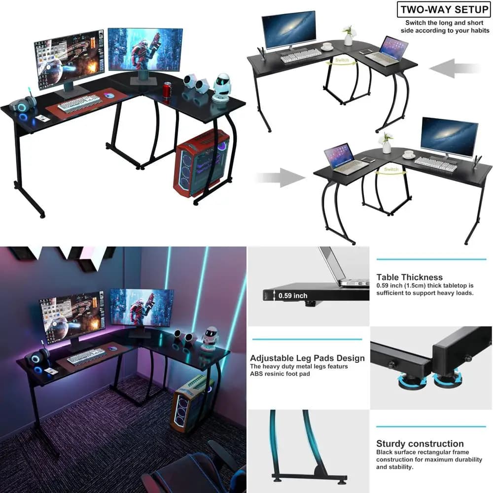 Scrivania angolare a forma di L, postazione di lavoro moderna per giochi per PC e ufficio domestico da 58 pollici, nera