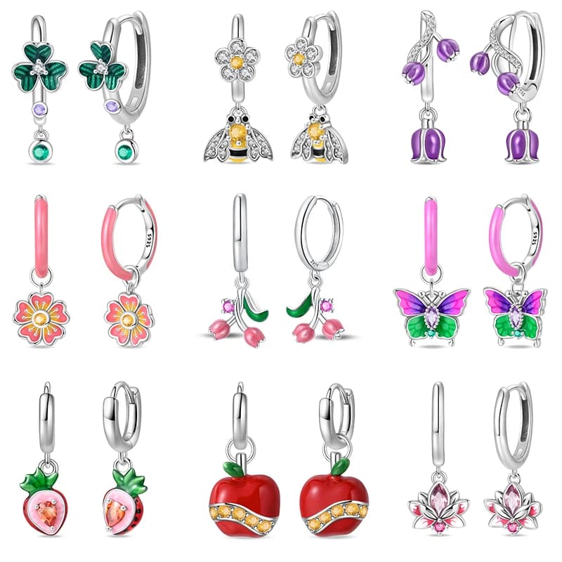 Nuovi orecchini in argento sterling 925 con ape, farfalla, giglio rosa, loto, per le donne, ciliegia, mela, fragola, orecchini a bottone, eleganti gioielli per feste