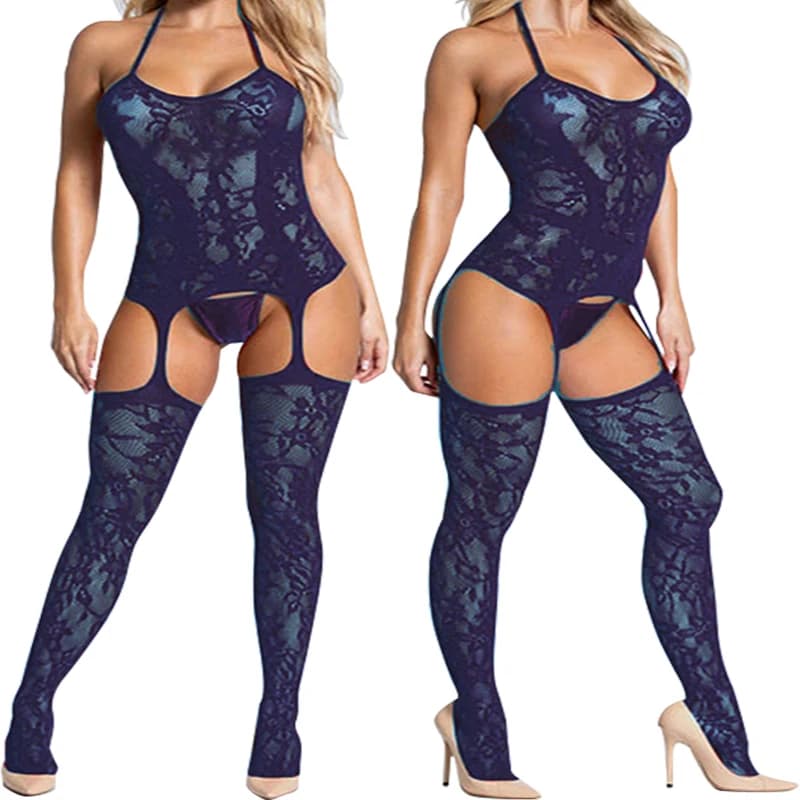 Sexy Crotchless Lingerie Fishnet Bodystocking Women Floral Bodysuit Erotic Baby Doll Dress Porn Underwear Mesh Hollow Body Suits
