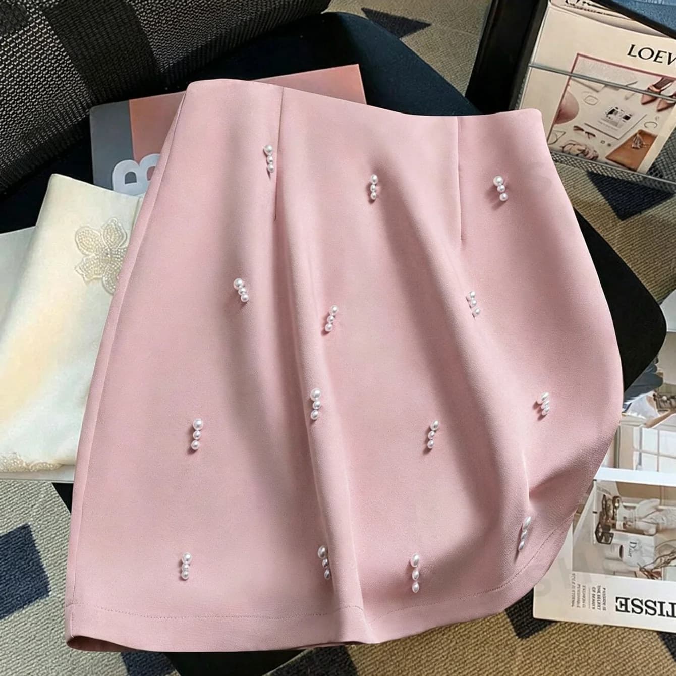 Women's MID Waist Pearl A-Line Mini Skirt - Elegant Office Pencil Skirt with Pearl Detail, Casual & Formal Wear