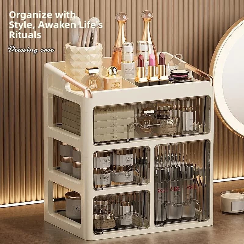Scatola porta trucchi antipolvere da scrivania, organizer per gioielli e prodotti skincare con design a griglia, accessorio da toeletta in stile minimalista