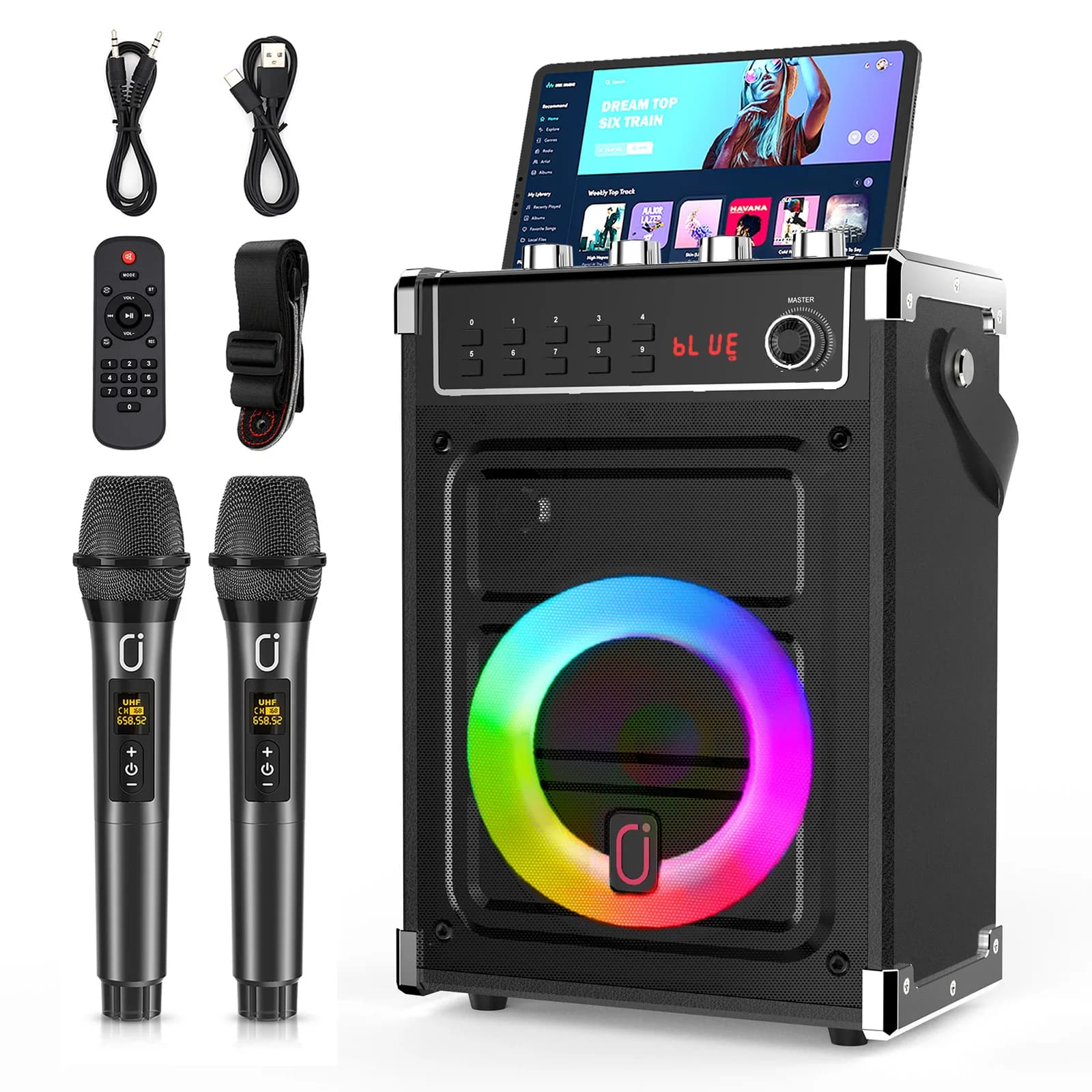 Macchina per Karaoke FanFun con 2 Microfoni Wireless UHF, Altoparlante Bluetooth con Bassi/Alti e Luce LED, Supporto TWS, Ingresso AUX, FM, REC