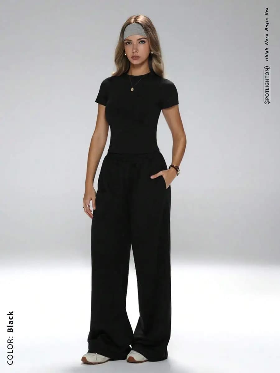 Set 2 Pezzi: T-Shirt Nera Girocollo e Pantaloni a Gamba Larga, Abbigliamento Sportivo Minimalista Casual