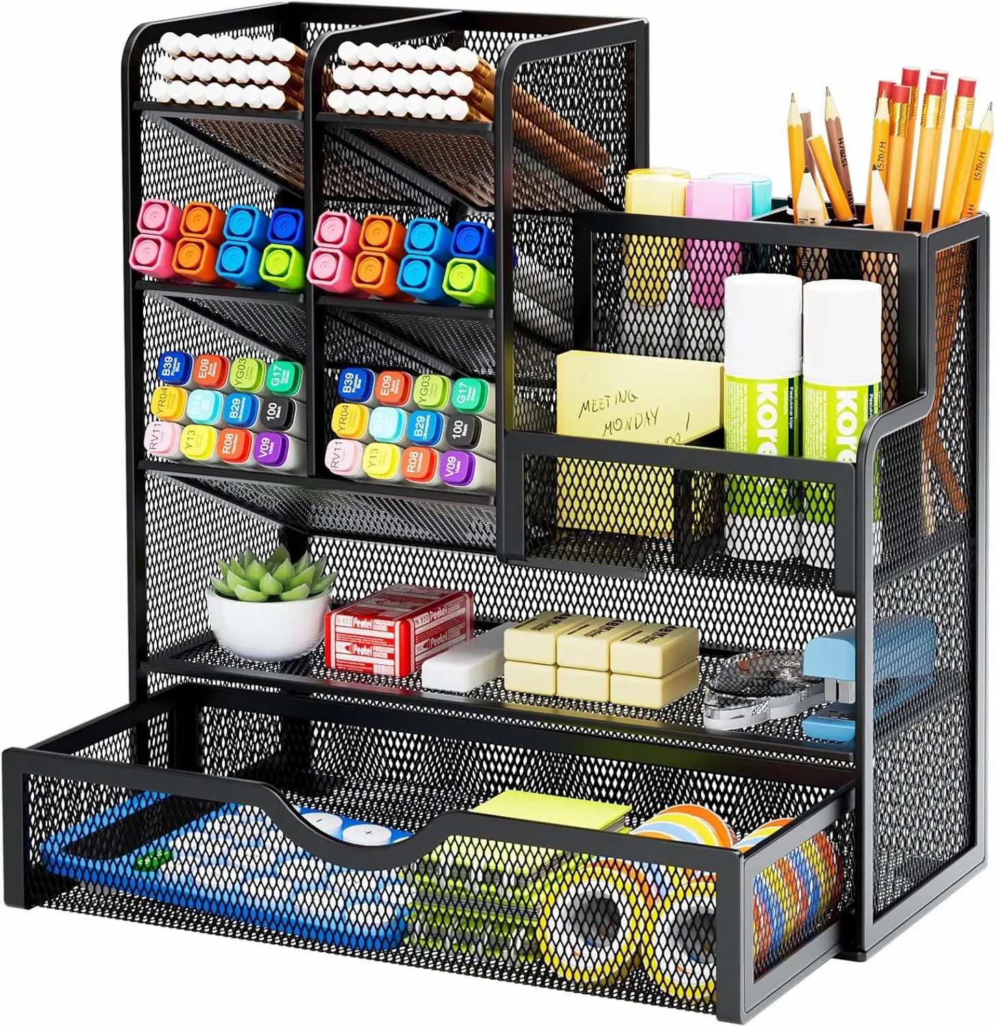 Portapenne in Rete per Scrivania, Organizzatore Multifunzionale per Matite con Cassetto, Contenitore per Forniture da Ufficio e Arte, Nero