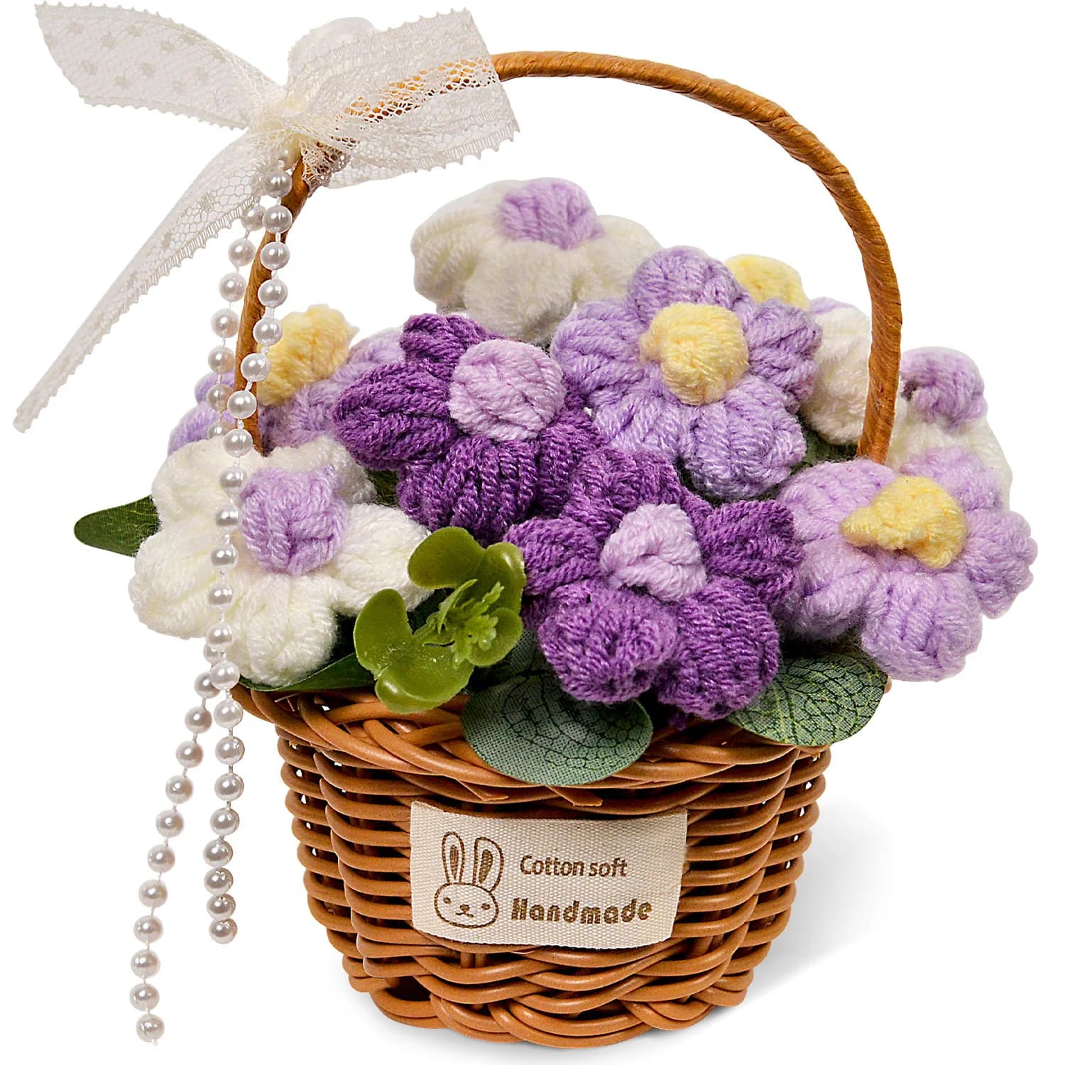 Fiori all'uncinetto in cesto fatti a mano, pianta decorativa in vaso per appendere decorazioni per specchietti per auto, ornamenti per il desktop e decorazioni per la casa