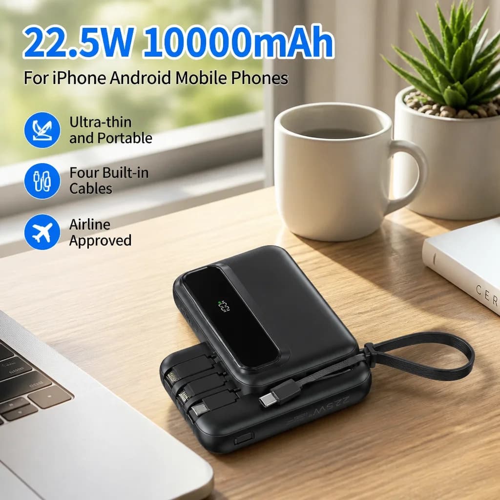 Power Bank 10000mAh 22.5W 4 Built-in Cable Ultra-Thin Portable Charger For iPhone Android