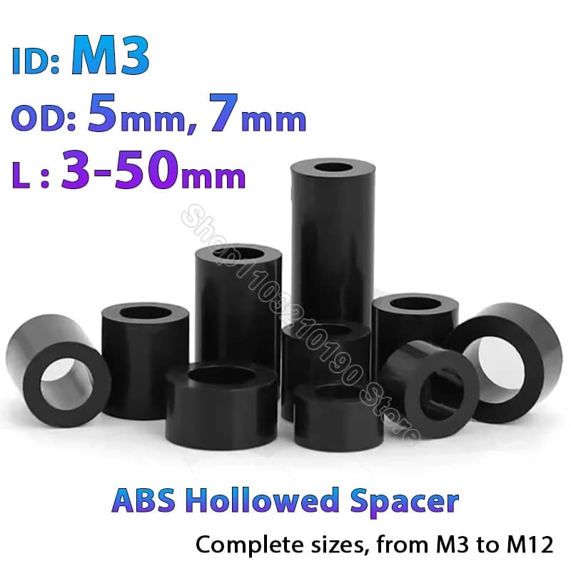 30-500 pz M3 Nero ABS Non Filettato Cavo Nylon Distanziatore Rotondo Standoff Rondella PCB Bordo Vite Colonna Pilastro OD 5mm 7mm, L = 3-50mm