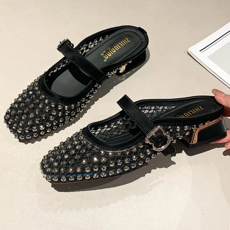 Slippers with big heel with rhinestones net Breathable women's summer fashion slides sandals with square tip for woman Pantuflas Mujer