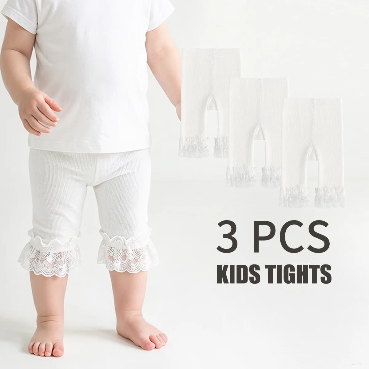 3 PCS White kids tights Toddler Girl Lace Hem Solid Color Shorts, Soft Summer Leggings for Daily Outfits kids tights