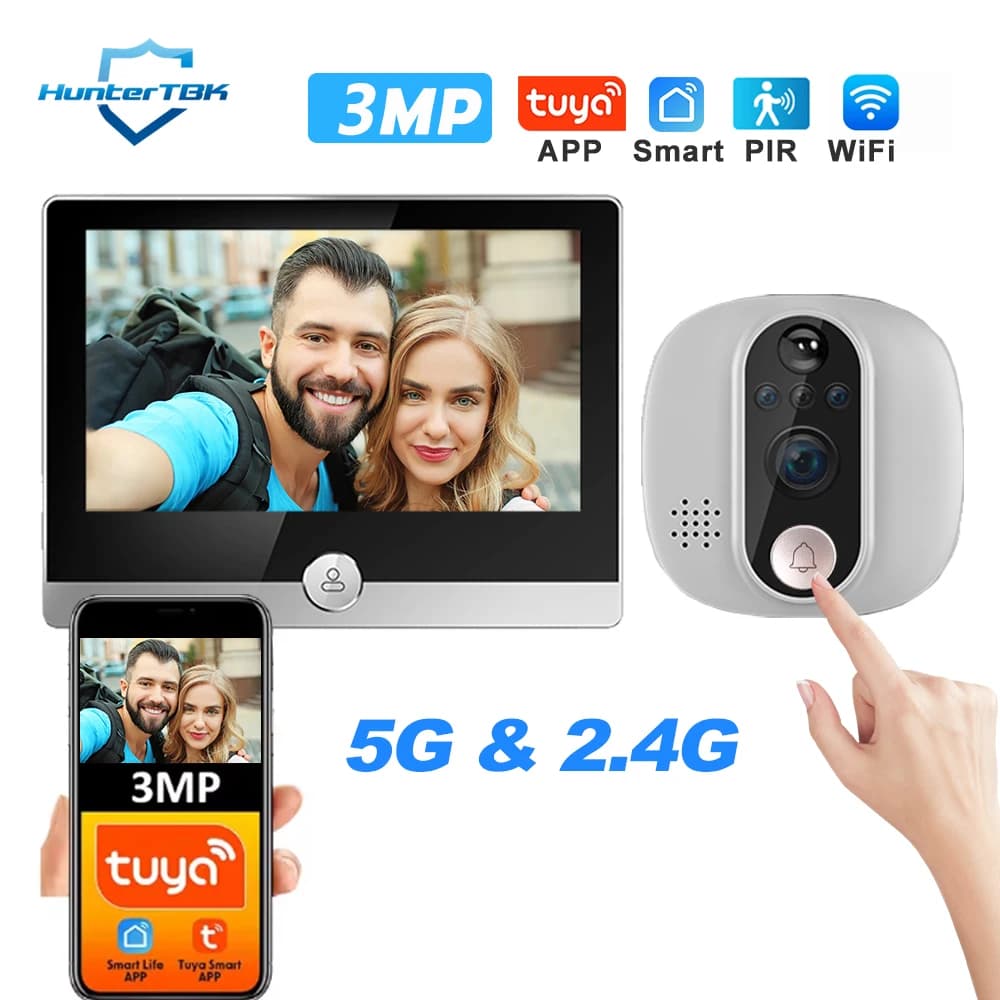 Videocitofono WiFi Smart Life Tuya 3MP 1080P con Telecamera Spioncino, Batteria 5000mAh, Rilevatore di Movimento PIR, Visione Notturna IR, Visore Digitale per Porta 5G 2.4G