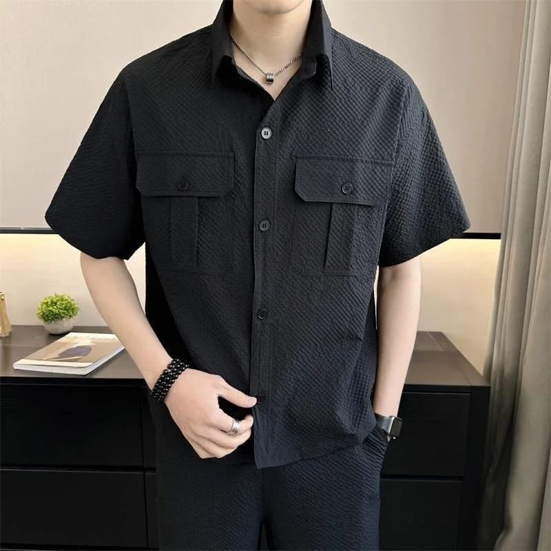 Summer Men Seersucker Lightweight Workwear 2 Piece Set, Breathable Cool Short Sleeve Shirt and Shorts Outdoor Casual Sports