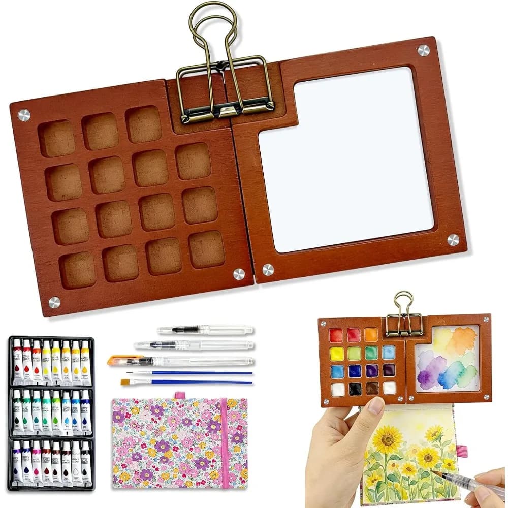Mini Portable Watercolor Palette Set - 15 Grid Paint Box with Binder Clips Include 24 Colors Watercolor Paint, 5 Brushes & Sketchbook, Travel Drawing Kit for Beginners and Art Enthusiasts