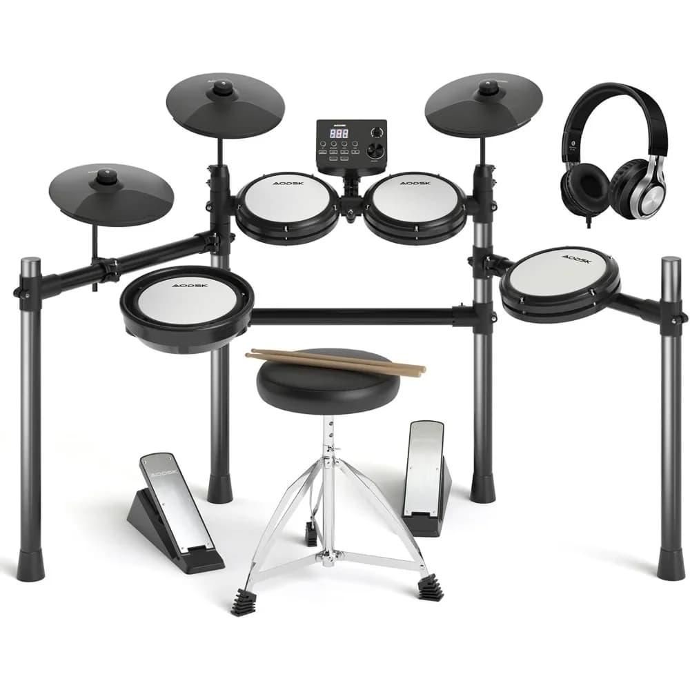 Ships from USA Electric Drum Set with Quiet Mesh Pads, 15 Kits 195 Sounds, USB MIDI, Includes Throne Headphones Sticks for