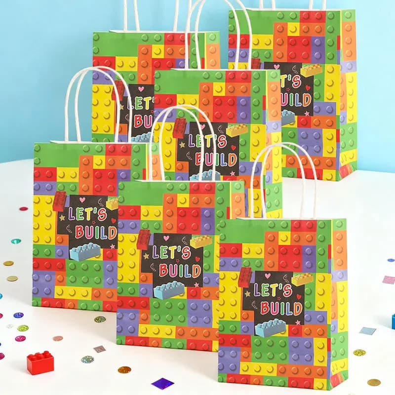 1/5/10PCS Building Block Sacchetti regalo di carta con manici per regali di caramelle Confezione riutilizzabile Festa di compleanno Decorazioni per baby shower