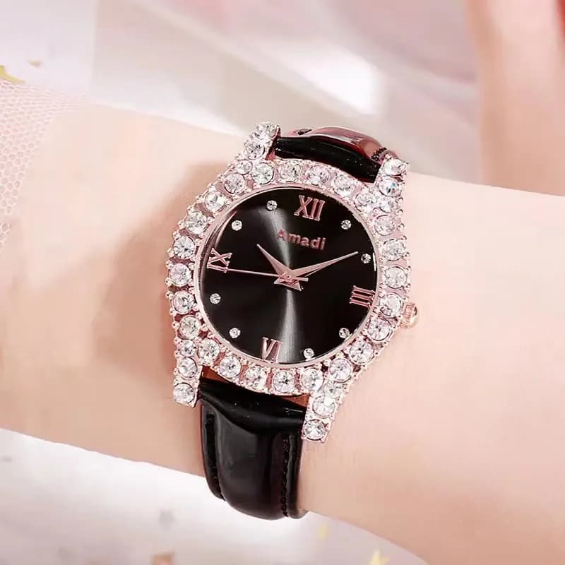 Orologio da Donna alla Moda con Cristalli Luminosi, Orologio al Quarzo di Lusso con Cinturino in Pelle, Quadrante con Strass per Studentesse, Reloj Femmes
