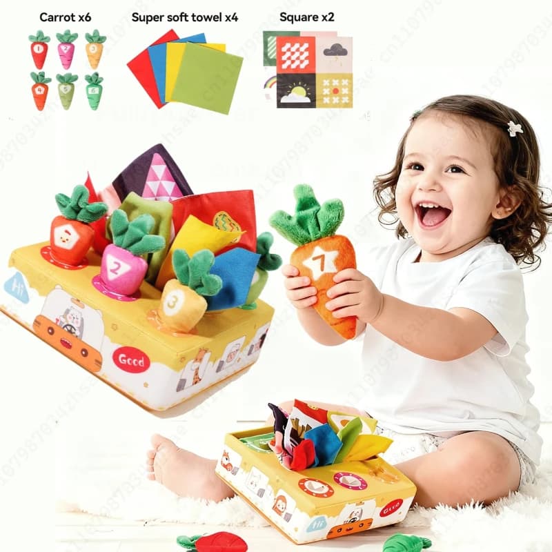 Tessuto per bambini Cartone animato Scatola morbida Giocattolo Modello resistente allo strappo Tirando carote Giocattoli di peluche Libro di stoffa per abilità motorie fini che non sbiadisce