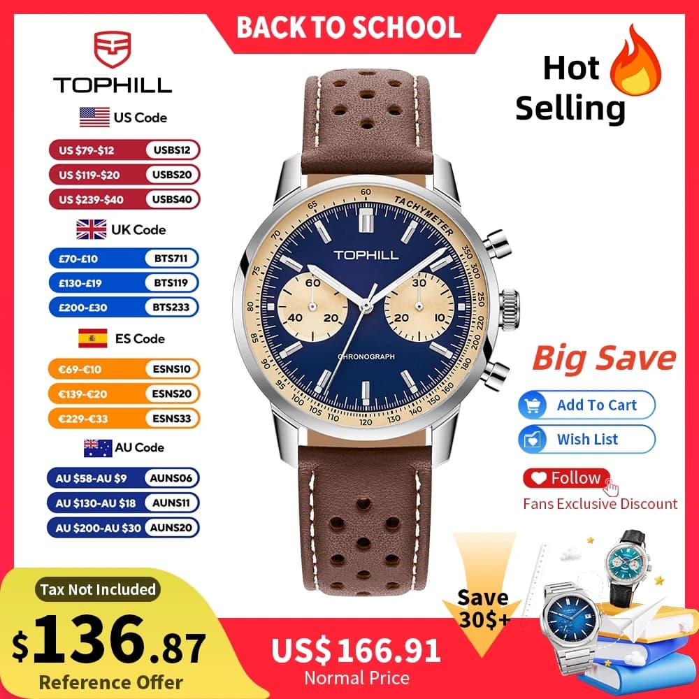 TOPHILL Vintage Running Chronograph Men's Mechanical Watch ST1901 Cage Movement Pilot Watch Leather Strap Sapphire Glass 5ATM