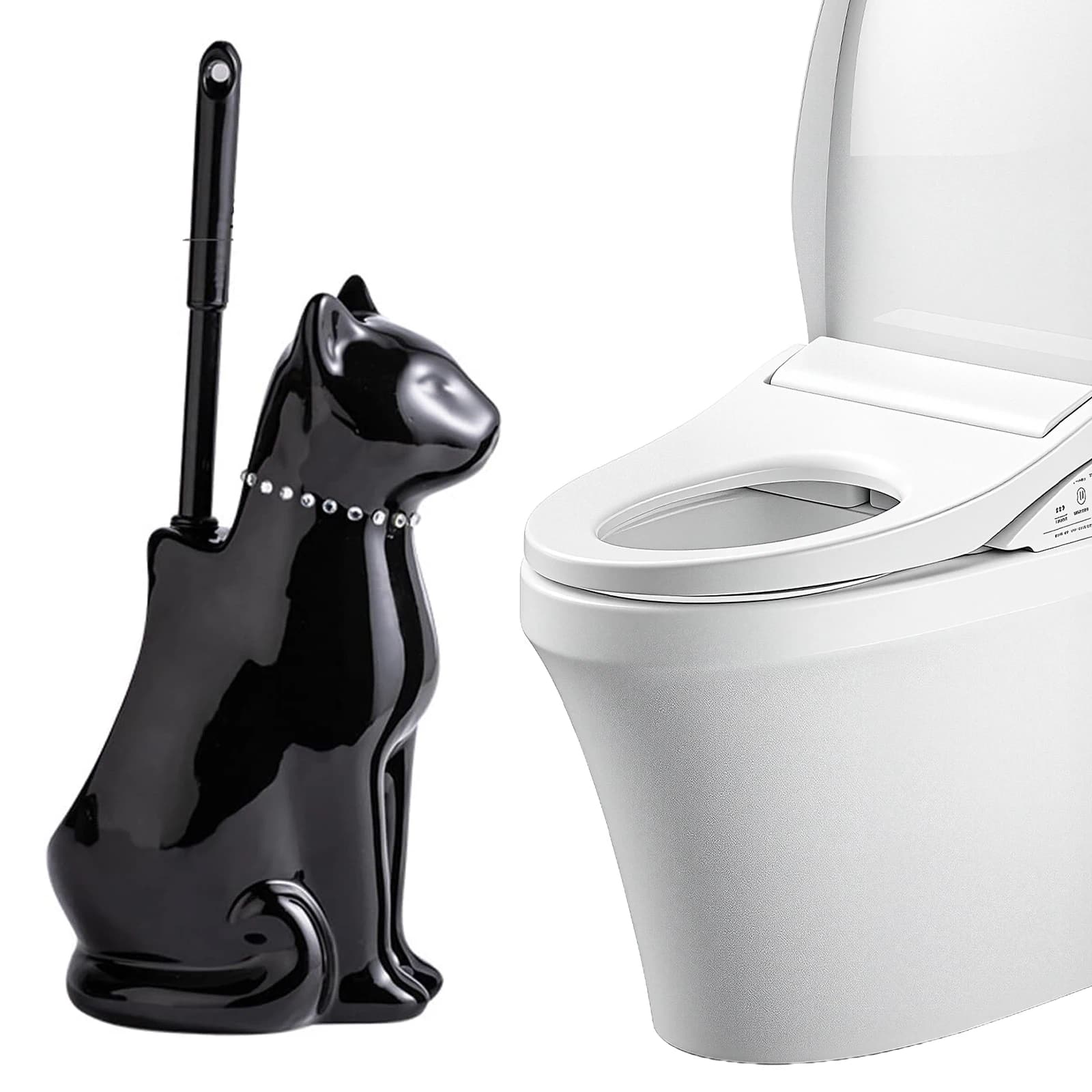 Long Handle Toilet Brush with Ceramic Cats Holder Toilet Bowl Brush Handled Scrub Brush Bathroom Accessory & Cleaning Storage