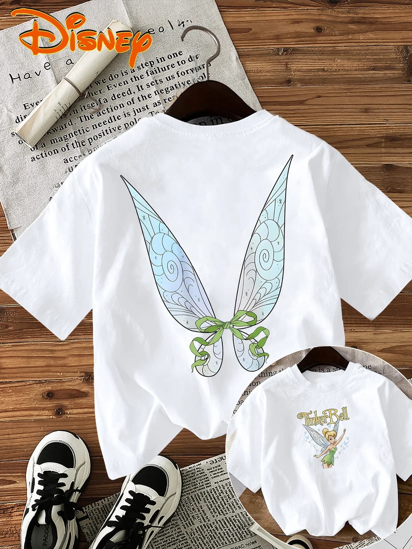 T-shirt Disney Tinker Bell Wings Print da donna, 100% cotone, girocollo, manica corta, casual, primavera estate