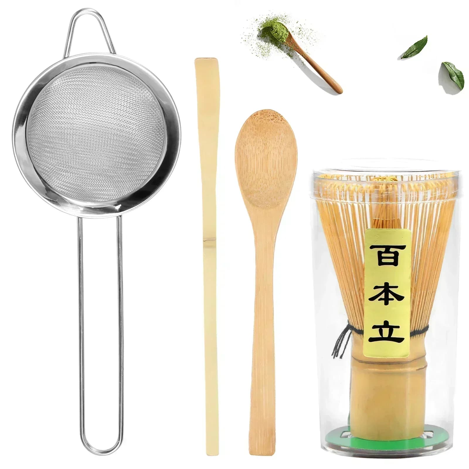 Set di 4 Pezzi per Matcha: Frusta in Bambù Fatta a Mano, Paletta Tradizionale, Paletta Profonda, Colino per Tè, Porta Frusta Trasparente