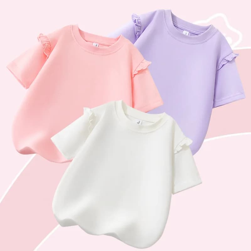 T-shirt estiva 2026 da ragazza in puro cotone, versione coreana, con scollo rotondo e bordo arricciato, alla moda, a maniche corte, tinta unita