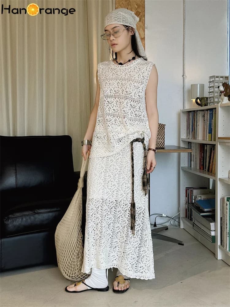 HanOrange 2026 Set Estivo Boho con Top a Rombi Lavorato a Maglia e Gonna, Completo Due Pezzi da Donna per Vacanze, Beige e Bianco