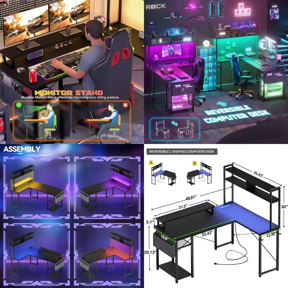 L-shaped gaming desk with power sockets, reversible corner desk with monitor support and storage shelf, black