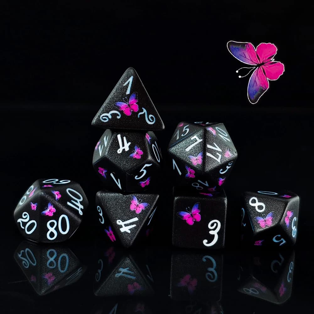 Bellissimo set di dadi stampati in acrilico Set di dadi a tema farfalla Dungeons Dragons DND MTG Giochi da tavolo RPG Set di dadi Dadi di intrattenimento