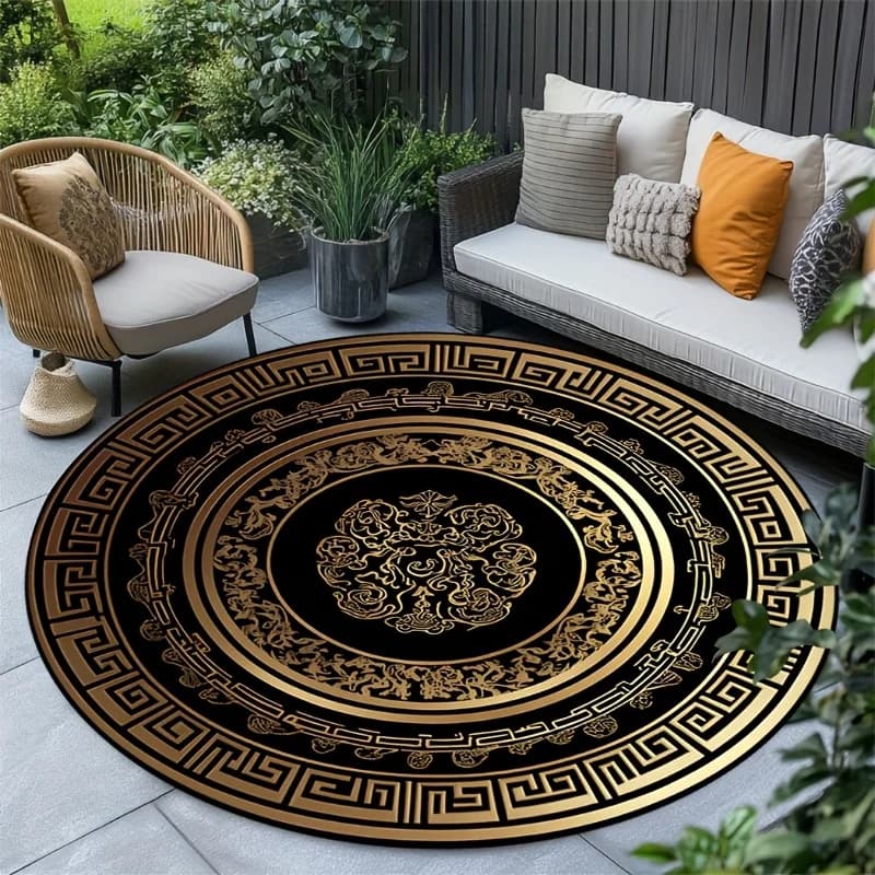 Luxury Black Gold Greek Key Baroque Floral Round Rug Classic Ornate Circular Mat Non Slip Outdoor Patio Villa Decor Floor Carpet