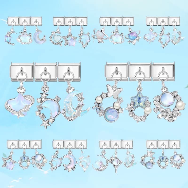 Wholeasle 3pc Blue Shiny Zircon Star Moon Butterfly Italian Charm Link Fit 9mm Stainless Steel Bracelet Women Jewelry DIY Making
