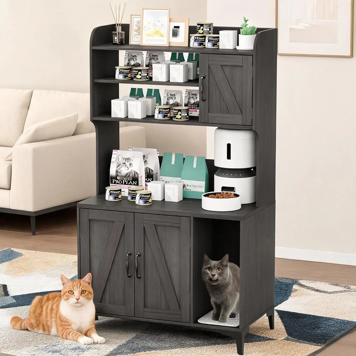 Cat Litter Box Enclosure with Shelves and Doors, Wood Hidden Litter Box Furniture with 4 Storage Layers, Indoor Cat House Cabinet for Most Standard Litter Boxes