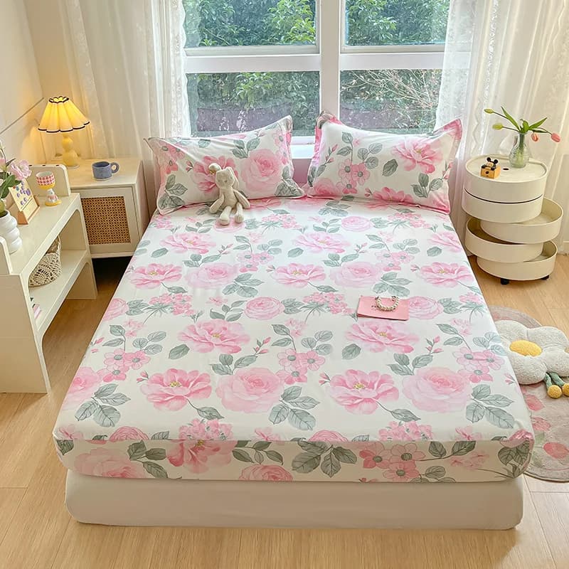 Bed linen with cotton corners with pink floral green leaves Bed linen for girls Bed linen for children with 2 pillowcases