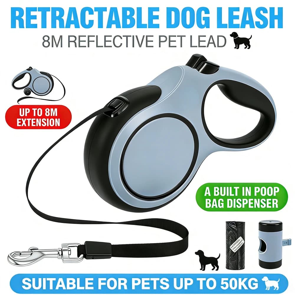 Guinzaglio Retrattile per Cani 8 M, 3 Modalità Automatiche, Telescopico con Sacchetto per Rifiuti e Impugnatura Antiscivolo, Accessori per Passeggiate con Cani
