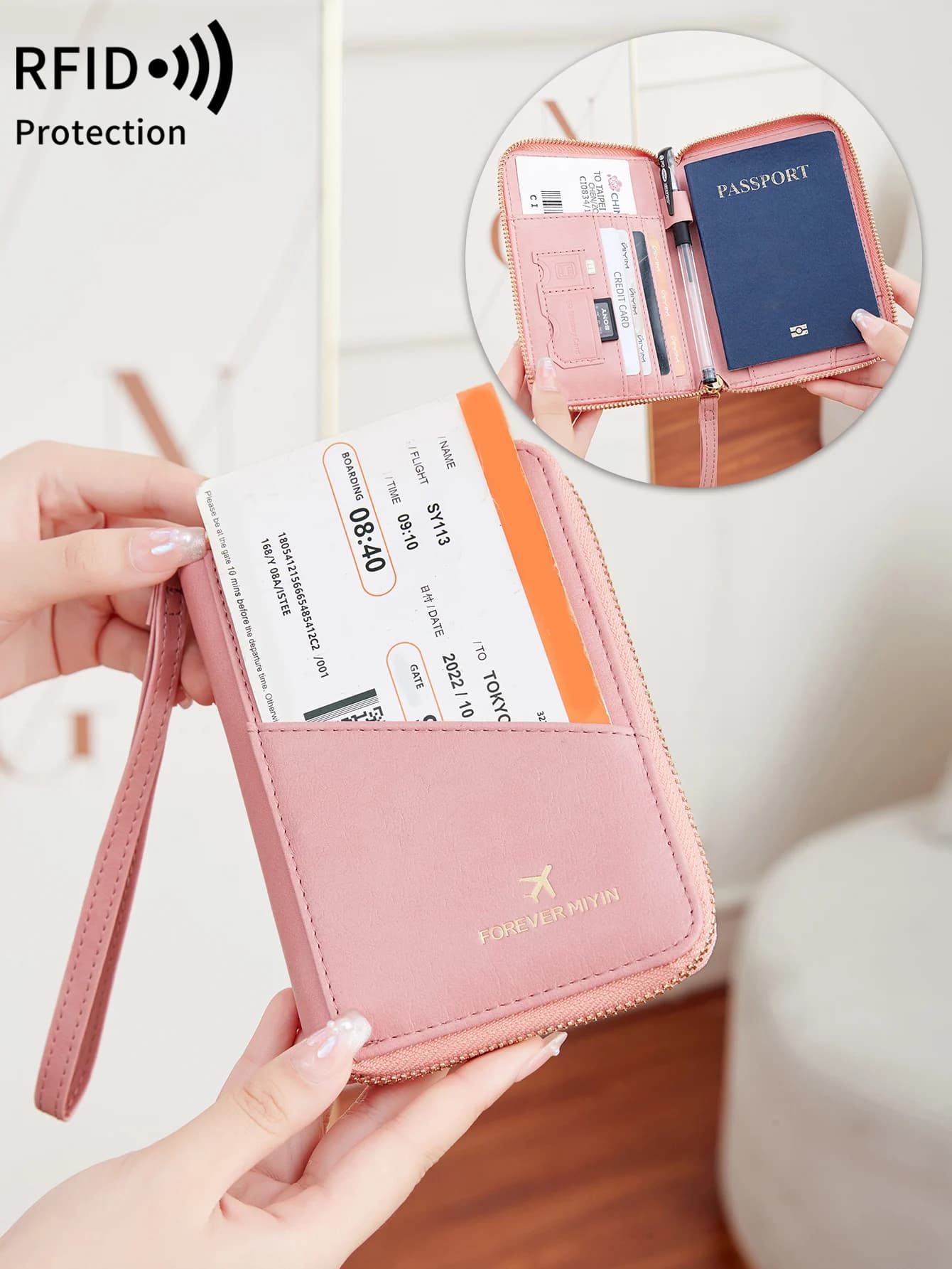 Portadocumenti da Viaggio RFID Multifunzionale con Cinturino da Polso, Organizzatore per Passaporto e Biglietti, Accessorio da Viaggio Unisex