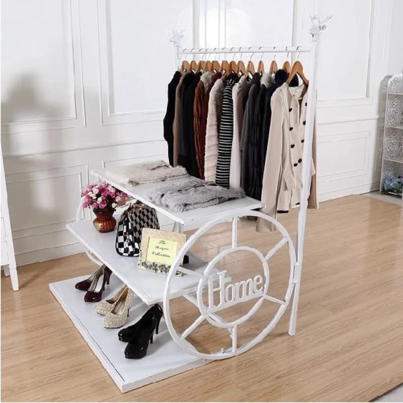 Espositore per negozio di abbigliamento, scaffale per ornamenti, isola centrale per esposizione da tavolo con flusso ruota, display personalizzato per scarpe da borsa