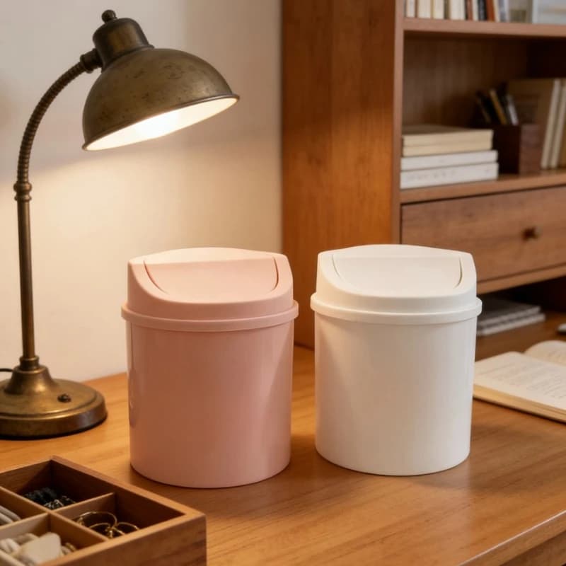 Mini cestino da scrivania con coperchio girevole, per riporre rifiuti e detriti nelle camere da letto.